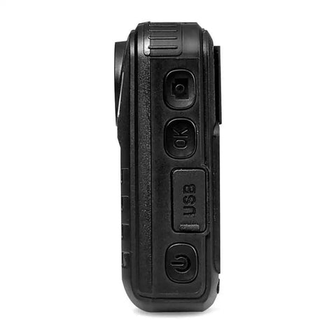 Side view of Portable Body Camera For Security Pros Gear Up With Wireless Wearable HD Video And IR Night Vision Built In Rechargeable Battery LCD Display 16GB Memory Easy USB File Transfer showing buttons