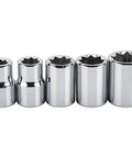 3/8 Inch Drive 5 Piece Socket Set With 8 Point Sockets For Automotive And DIY Projects, Durable Chrome Finish, arranged in a row