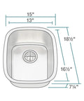 Diagram of Undermount 15 Inch Stainless Steel Bar Sink With Wet Bar Style Narrow Rectangular Bowl, dimensions detailed.