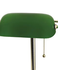 Close-up of 13.5 Inch Traditional Banker Lamp with Green Glass Cylinder Shade, Polished Brass Finish, Classic On Off Pull Chain