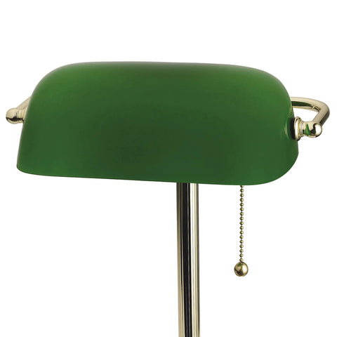 Close-up of 13.5 Inch Traditional Banker Lamp with Green Glass Cylinder Shade, Polished Brass Finish, Classic On Off Pull Chain