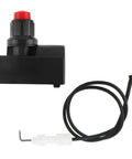 Push Button Ignition Kit For Fire Pit Grill And Gas Burner Spark Generator With Fifteen Point Seven Five Inch Electrode Cable For Outdoor BBQ Patio Heater Battery Powered AAA No Hassle Install, showing red push button and black electrode cable.