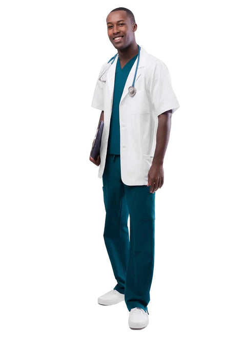 Unisex Short Sleeve Lab Coat, 31 Inch Length, White, Rugged Stitching, Back Midriff Detail, Durable Medical Grade Fabric, 2 Angled Lower Pockets and 1 Chest Pocket, Perfect Workwear For Medical Pros.