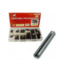 Box of 120-Piece Roll Pin Set, Heat Treated 65Mn Spring Steel With Black Oxide Finish, featuring assorted pins.