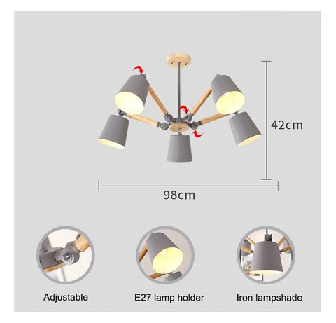 Slick Vintage Wood And Metal Adjustable Pendant Light With E27 Socket Dope Hanging Dining Lamp For Modern Home Setup Natural Soft Glow Non Glare Suspension Fixture Solid Upgrade For Any House - 5 light fixture with adjustable arms and metal shades.