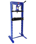 12 Ton Hydraulic Shop Press With H Frame Bearing And Adjustable Height Heavy Duty Workstation in blue with bottle jack and adjustable height.