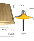 Four Piece One Quarter Inch Shank Router Bit Set For Door And Drawer Front Edging Miter Frame Crown Molding Wood Milling Cutter Carbide CNC Cutting Tool For Woodworking Projects With Premium Micro Grain Tungsten Carbide Blades, showing one router bit and a wooden panel profile.