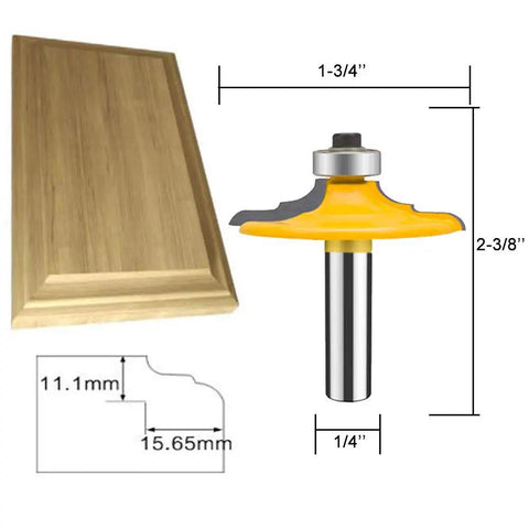 Four Piece One Quarter Inch Shank Router Bit Set For Door And Drawer Front Edging Miter Frame Crown Molding Wood Milling Cutter Carbide CNC Cutting Tool For Woodworking Projects With Premium Micro Grain Tungsten Carbide Blades, showing one router bit and a wooden panel profile.