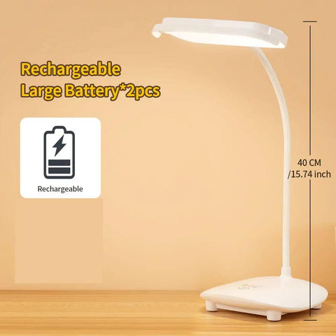 Cordless Desk Lamp With 40 LED Panel, Rechargeable Big Battery, Touch Dimmer, shown with flexible gooseneck, bedside reading light