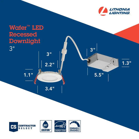 Ultra Thin 3 Inch LED Recessed Wafer Light 3000K Dimmable White Ceiling Fixture dimensions and remote driver specifications