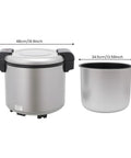 Psufurv Electric Rice Warmer With Non Stick Inner Pot And Spoon Keep Warm Function Auto Cooker For Perfect Fluffy Grains Easy Clean Home Kitchen Appliance shown with dimensions, large capacity metal pot and lid.
