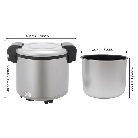 Psufurv Electric Rice Warmer With Non Stick Inner Pot And Spoon Keep Warm Function Auto Cooker For Perfect Fluffy Grains Easy Clean Home Kitchen Appliance shown with dimensions, large capacity metal pot and lid.