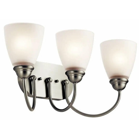 3 Light Vanity Light With Satin Etched Glass Shades in Brushed Nickel, 20.25 Inch Traditional Colonial Style Fixture, front view