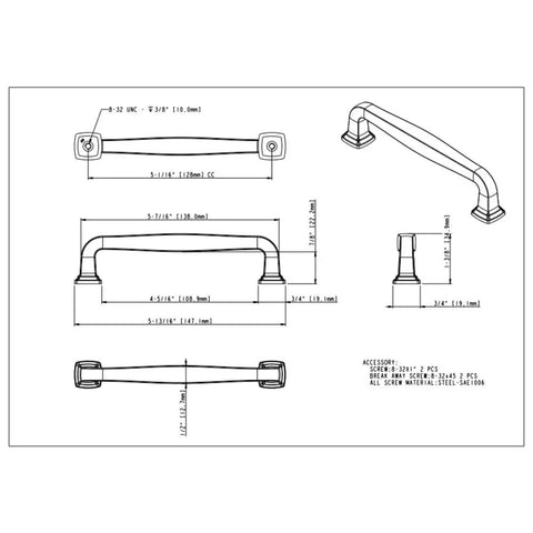 Technical drawing of 128 mm Center-To-Center Bar Pull in six finishes with dimensions for kitchen, bath, closet or furniture use.