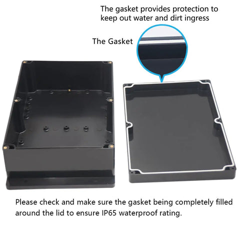 Tough As Nails Abs Plastic Junction Box IP65 Waterproof Dustproof Cover For Electrical Projects Solid Build With Secure Mounting Flaps Black 10 4 X 7 2 Inch Single Package showing gasket protection.