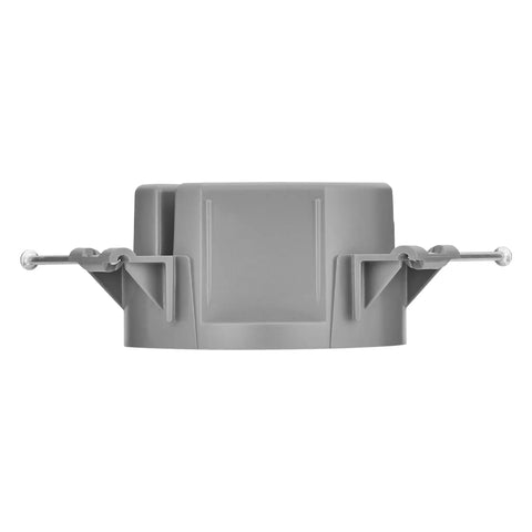 Gray PVC New Construction Ceiling Junction Box Non-Metallic J-Box For Wiring with nails visible, 2 hour fire rating.