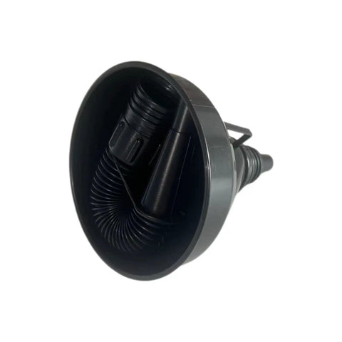 Black funnel from Five Piece Plastic Oil Funnel Set For Auto Large Flexible Wide Mouth Funnels With Detachable Spout And Filter Includes Long Hose