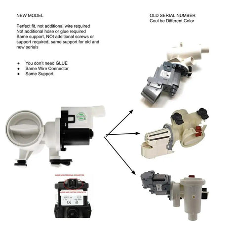 Non OEM Replacement Washer Water Pump For HE 3T 4T 5T Series 8182819-M with visual comparison of old and new models, motor not included.