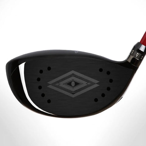Aerodynamic Titanium Golf Driver For Men Featuring Slotted Carbon Shaft And Rear Mass Weighting built for precision striking, close-up view of clubface.