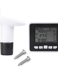 Indoor Ultrasonic Level Sensor For Water Tank With Temperature Indicator Depth Meter Transmitter And LCD Display All In One Liquid Level Gauge For Home Lab And Shop Use, features sensor, screws, and LCD unit.