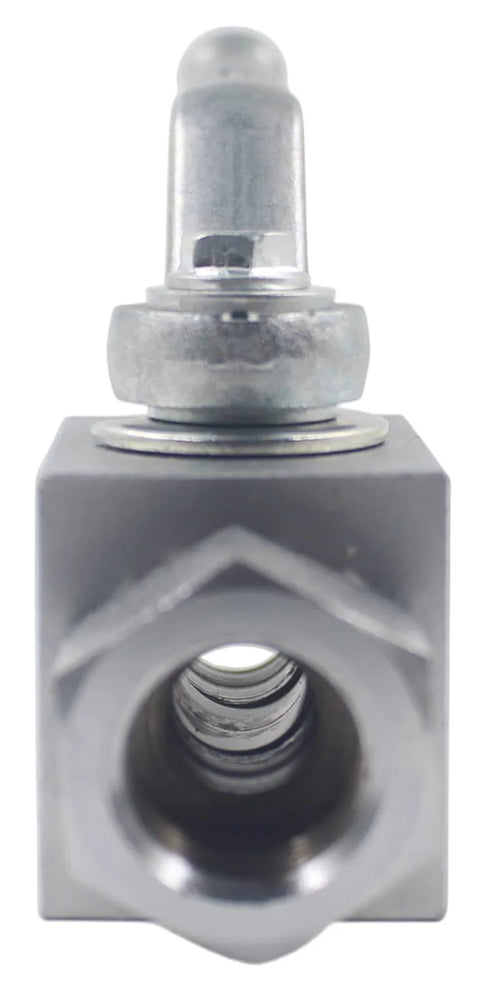 Close-up of 1/2 in NPT high-pressure hydraulic ball valve, silver metal body with threaded port