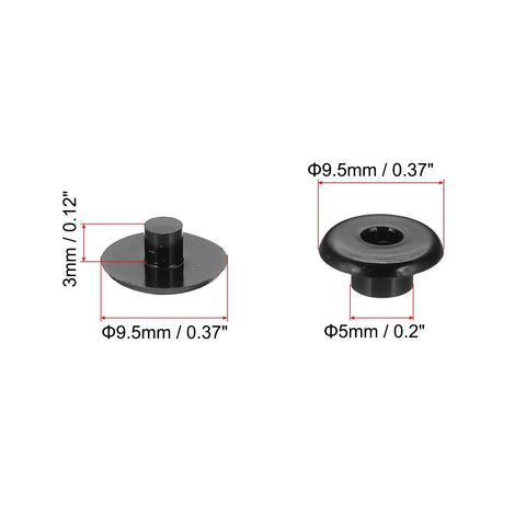 Top Shelf Black Plastic Chicago Screws 50 Piece Set Binding Posts M5x3mm Press On Buckles for leather crafting, showing size dimensions.