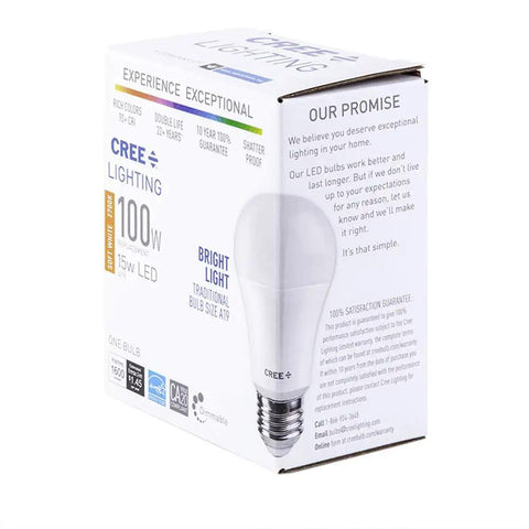 Product packaging of A19 LED Bulb 100W Equivalent, 1600 Lumens, Dimmable Soft White 2700K, 90+ CRI, shatterproof plastic