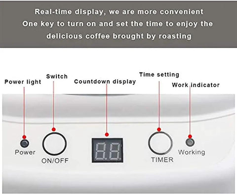 Kick Up Your Morning Routine Portable Electric Coffee Roaster For Home Use With Precise Heat Settings control panel showing timer and power options.