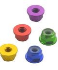 Heavy Duty M4 Aluminum Nylon Lock Nuts 25 Pack Flange Self Locking Inserts in red, yellow, blue, green, and purple colors.