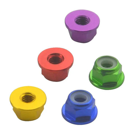 Heavy Duty M4 Aluminum Nylon Lock Nuts 25 Pack Flange Self Locking Inserts in red, yellow, blue, green, and purple colors.