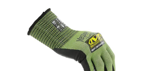Green SpeedKnit S2EC06 Coated Knit Work Glove with HPPE, showing touchscreen compatibility and tactile feel, ANSI A4 cut resistance.