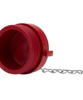 Side view of 2 1/2 Inch NH NST Red Plastic FDC Plug With Rocker Lug Thermoplastic Not For Pressure Applications with chain