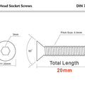Diagram of Your Go-To M5 X 20mm Flat Head Socket Cap Screws Stainless Steel 304 Bright Finish DIN 7991 with dimensions