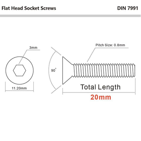 Diagram of Your Go-To M5 X 20mm Flat Head Socket Cap Screws Stainless Steel 304 Bright Finish DIN 7991 with dimensions