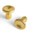 Top Shelf Unlacquered Brass Cabinet Knobs Straight Up Modern Round Dish Hardware Featuring Live Patina Finish 1.18 Inch Face Width For A Cool Kitchen Revamp Two Pack Bundle, showing two knobs.