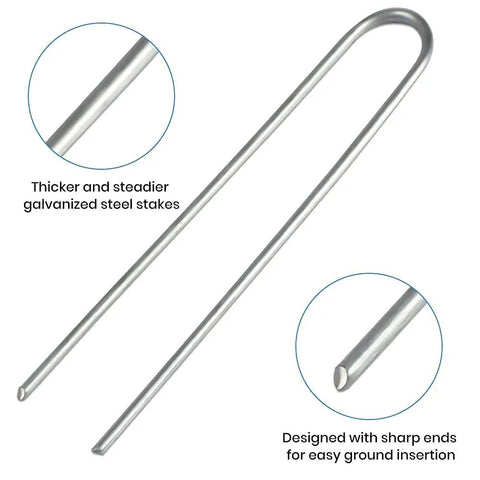 Six Inch Galvanized Garden Stakes 150 Pack, Heavy Duty Anti Rust Landscape Staples for Barrier Fabric, close-up view