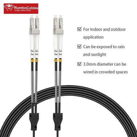 Built Tough OM3 LC To LC Fiber Patch Cable Armored Multimode Outdoor Rated 65 Feet with connectors for network setup.