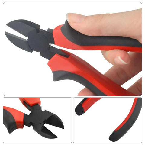 Close-up of red and black nippers from 26 Piece Gundam Model Tools Kit For Builders DIY Friendly Set with ergonomic grip, used for model crafting.