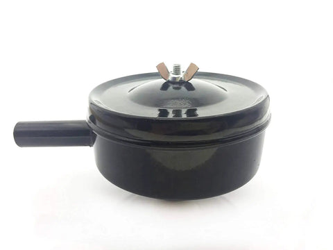 Side view of air compressor silencer with five inch inlet, heavy duty metal design for noise reduction, featuring 3/4 PT and 26mm threads.