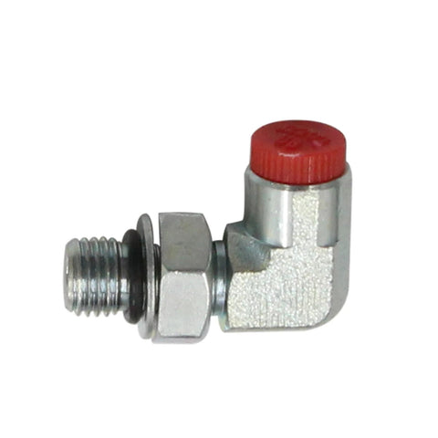 Fuel pressure tester adapter elbow, LVOUP compatible for Ford Powerstroke 7.3 diesel, metal with red cap (side view)