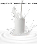 Top Tier Automatic Bottle Filler With Fully Pneumatic Piston Drive, Drip Proof Single Head Nozzle, Horizontal Liquid Filling Machine For Beverages And Cosmetics, 1000 To 5000 Ml Range, Hassle Free Setup And No Sweat Operation, filling white liquid into a container with splash effect.