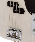 Mike Dirnt Roadworn Precision Bass RW White Blonde With Classic 51 And 55 P Bass Styling Modern Punk Pop Tone From Custom 59 Split Single Coil Nitrocellulose Road Worn Finish Hardshell Case Included close-up of white blonde bass body, bridge, and controls