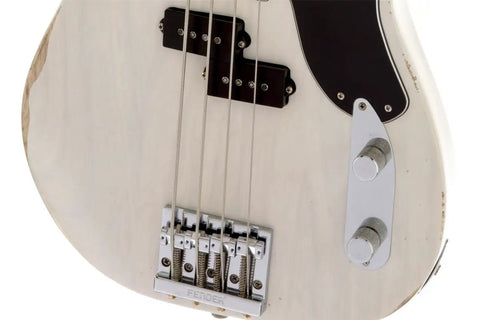 Mike Dirnt Roadworn Precision Bass RW White Blonde With Classic 51 And 55 P Bass Styling Modern Punk Pop Tone From Custom 59 Split Single Coil Nitrocellulose Road Worn Finish Hardshell Case Included close-up of white blonde bass body, bridge, and controls