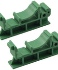 Two green DIN rail mounting bracket clips for PCB boards, showcasing 35mm and 15mm fixing components. C45 relay control module accessory.