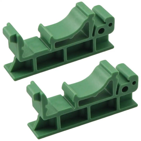 Two green DIN rail mounting bracket clips for PCB boards, showcasing 35mm and 15mm fixing components. C45 relay control module accessory.