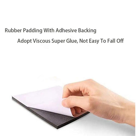 Hand peeling adhesive on 8 Piece Black Beefy Neoprene Foam Anti Vibration Pads With Adhesive Backing 6 By 6 By One Eighth Inch Rubber Padding.