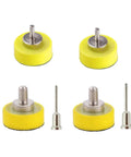Grab This Killer 6 Pcs One Inch Sanding Pad Set With Super Grip Hook And Loop Backing Plus Dust Vent Holes For Quick Swaps And Clean Views On Any DIY Or Pro Project With Versatile Shank Sizes, showing yellow sanding pads with metal backing.