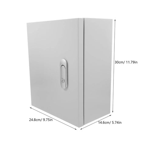 Plastic Electrical Junction Box And Distribution Cabinet 25x30x14cm with vertical lockable control panel enclosure, side angle view.