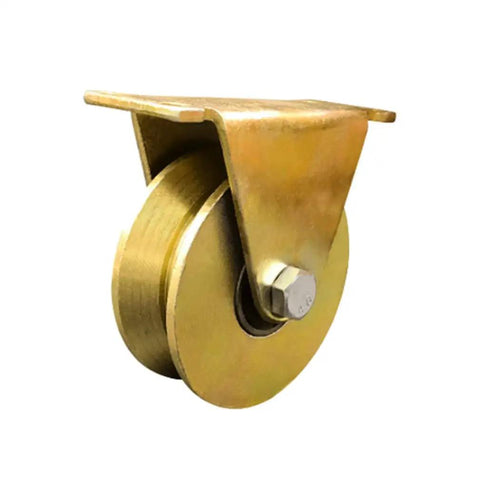 Premium Fixed Pulley Heavy Duty U Groove Carbon Steel Track Roller With Double Bearings For Industrial Machines Sliding Doors Rolling Gates close-up view of gold metal pulley with steel bracket.