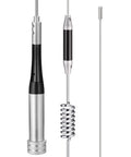 Beefed-Up Dual Band Ham Radio Car Antenna For 136-174MHz And 400-470MHz, 50W Max, 29.5 Inch Long, 3.5dBi VHF Gain And 6dBi UHF Gain PL259 50 Ohm Connector Works With Popular Mobile Radios, silver and black antenna parts close-up
